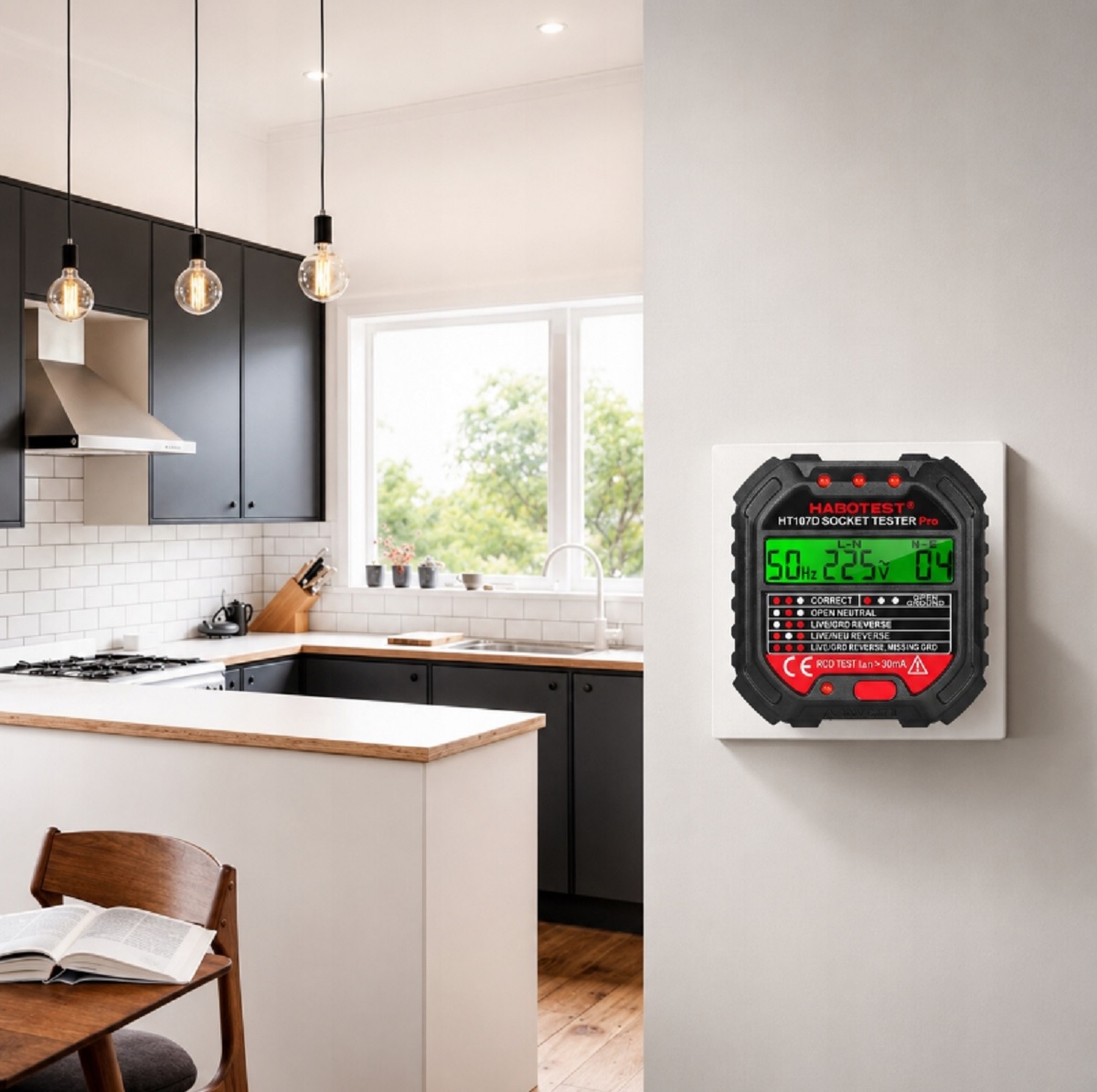 Tester elektrických zásuviek a prúdového napätia s LCD a testom RCD